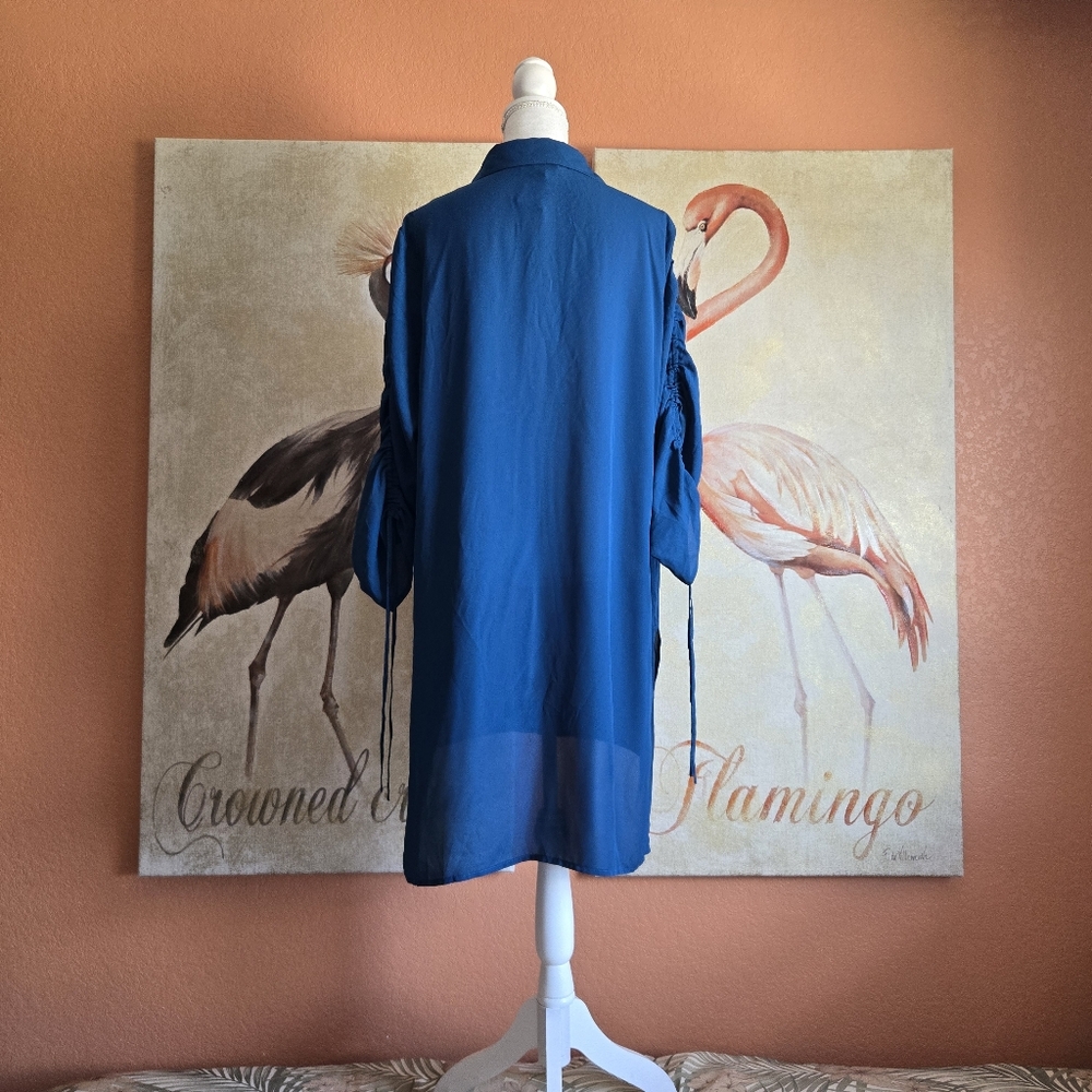 3/$25 Bar III Glitter Glamour Blue Flame Button Down Tunic Long Semi Sheer XXL - Picture 3 of 10
